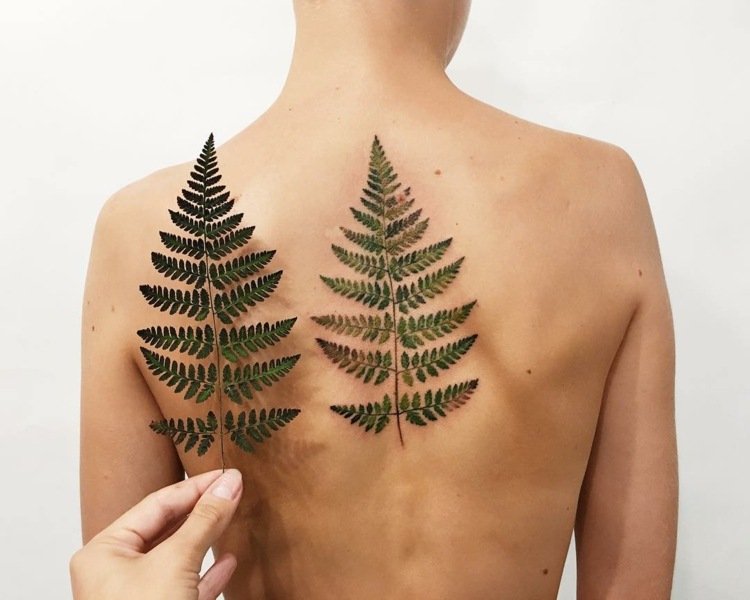 3d tatuering löv-ormbunkar-natur-verklig-optik-grön-färg
