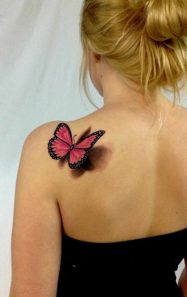 3d tatuering axel-öm-fjäril-realistisk-rosa-rosa-röd-skugga-design