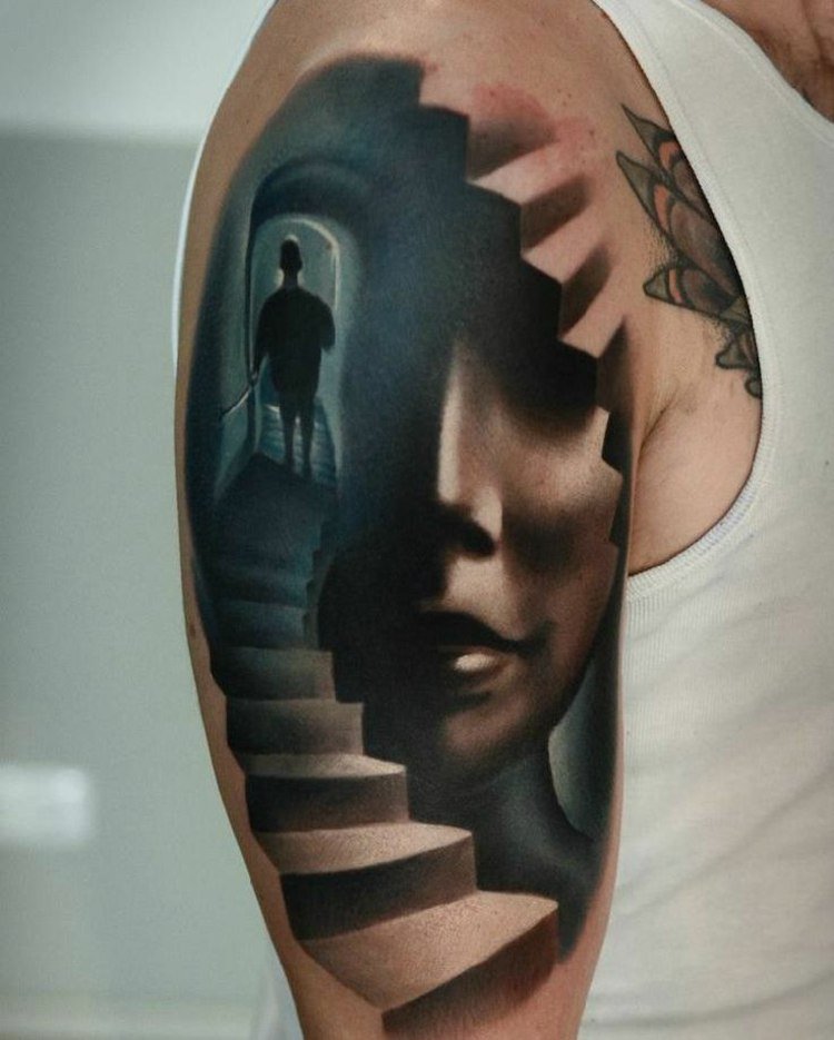 3d-tatuering-skugga-optisk-illusion-kvinnor-ansikte-överarm-trappor