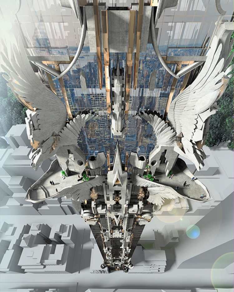 3D-visualisering -begrepp-skyskrapa-detalj-skulptural-vinge-arkitektur-design