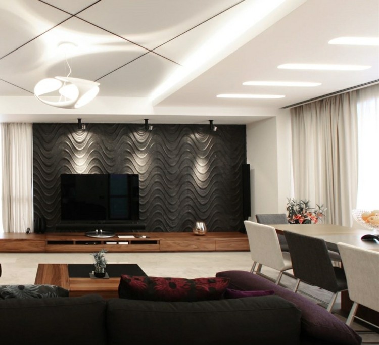 3D-vägg-design-sten-vardagsrum-mörkgrå-former-led-remsa-takbelysning