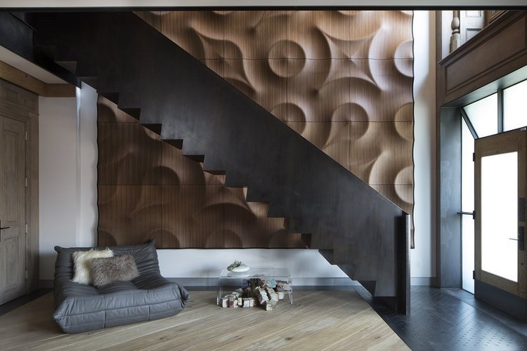 3d väggpaneler beklädda trä moderna lägenhet trappor