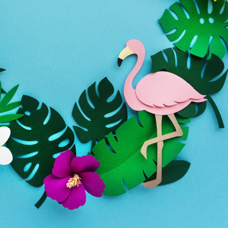 Hantverk idéer sommar djungel look papper krans flamingo monstera blad