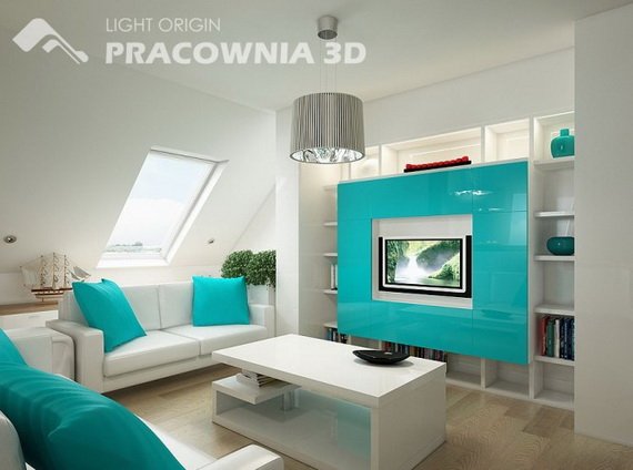 Idéer-liten-lägenhet-öppen-plan-vardagsrum-vit-turkos-blå