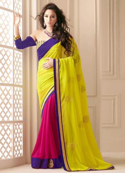 22 Yellow-Magenta Half and Half Saree With Embroidery Work