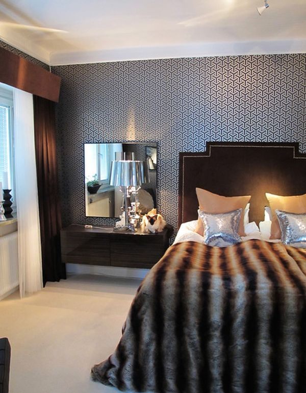 Dynpäls-look-moderna tyger-sovrum tapet-mönster väggspegel sminkbord