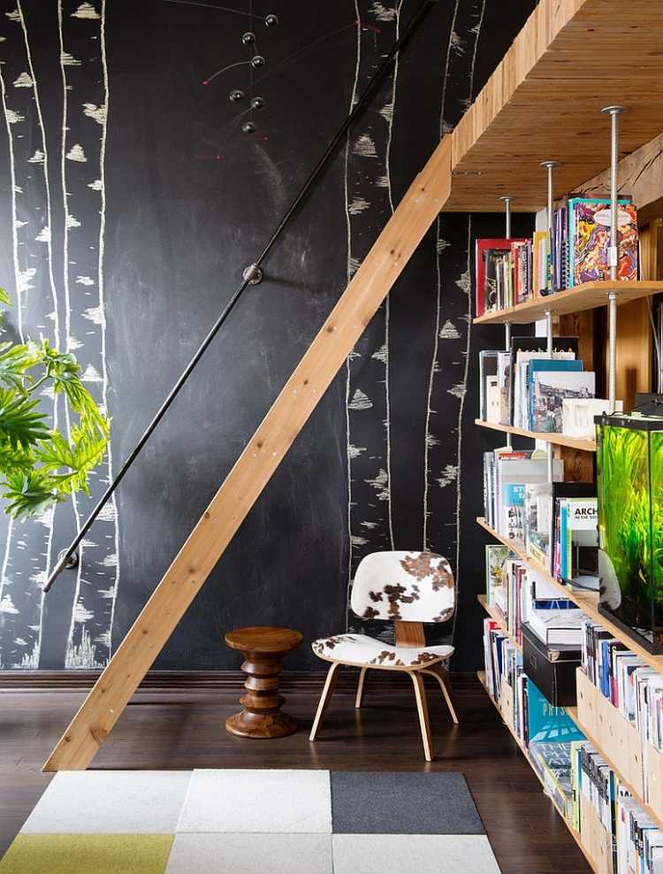 idéer-vägg-design-svart-svarta tavlan-trappor-mansard-bibliotek-vägg