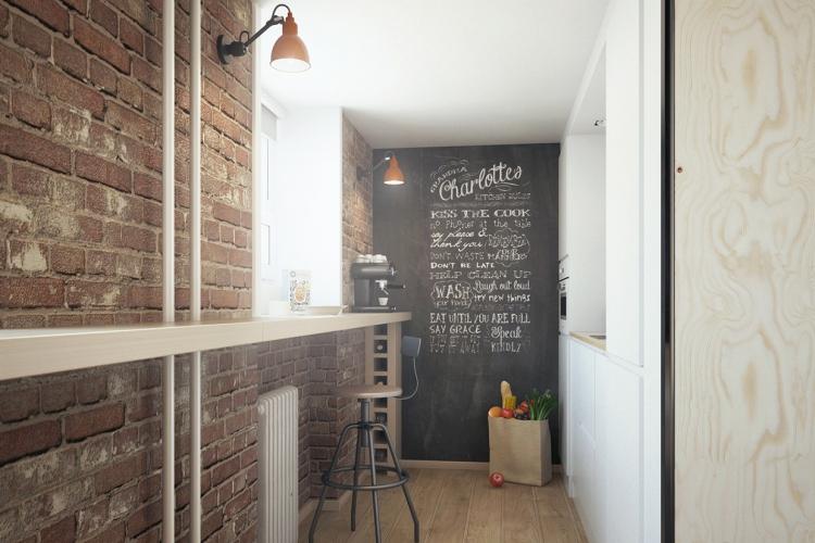 idéer-vägg-design-svart-svarta tavlan-industriell-stil-tegel vägg-counter-pall