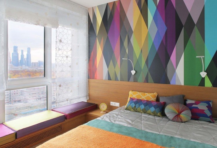 Sovrums väggdesign-färgstark-tapet-diamantmönster