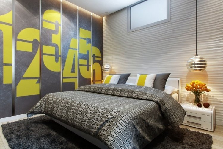 Sovrums väggdesign-grå-gul-3d-väggpaneler