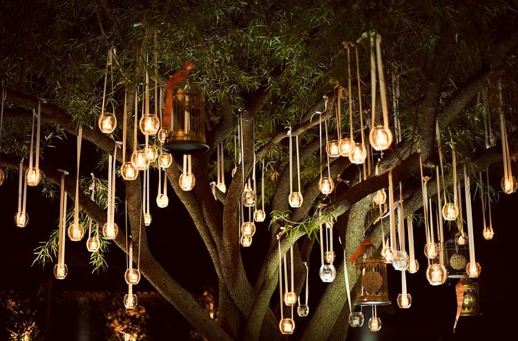 trädgård fest-belysning-idéer-glas-te lampor-träd-hängde