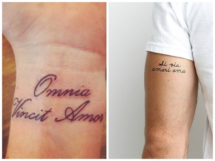 tatueringsord latin man älskar handledsarm