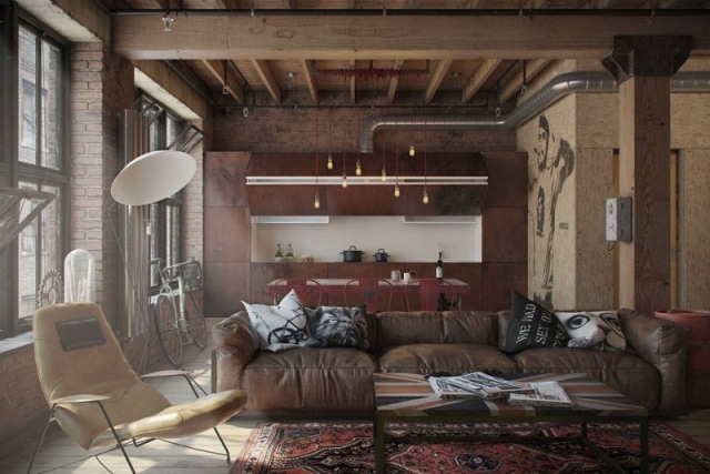 Plywood vägg vardagsrum loft trä balkar rött kök tegel vägg soffa