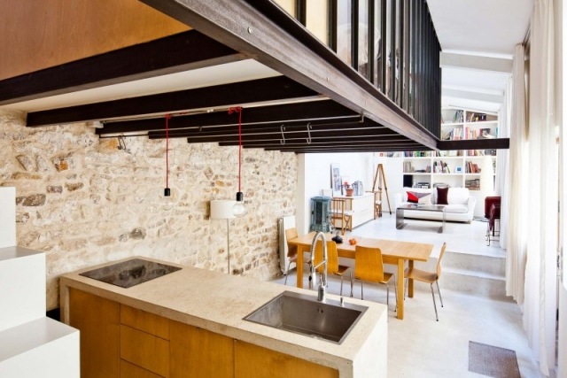 Inredning med tegel-maisonette lägenhet-studio loft stil