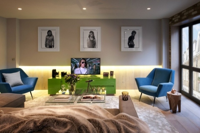 Väggdesign inbyggda taklampor-idéer bilder-levande trender blå-soffa grön