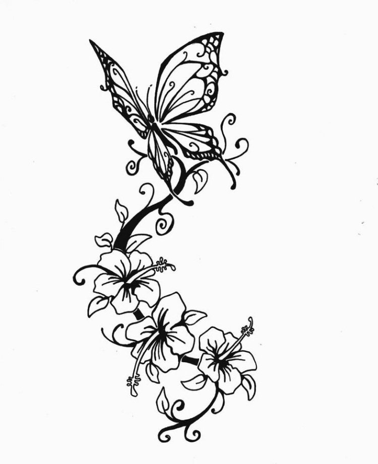 tatueringsmallar fjäril-hibiskus-blommor