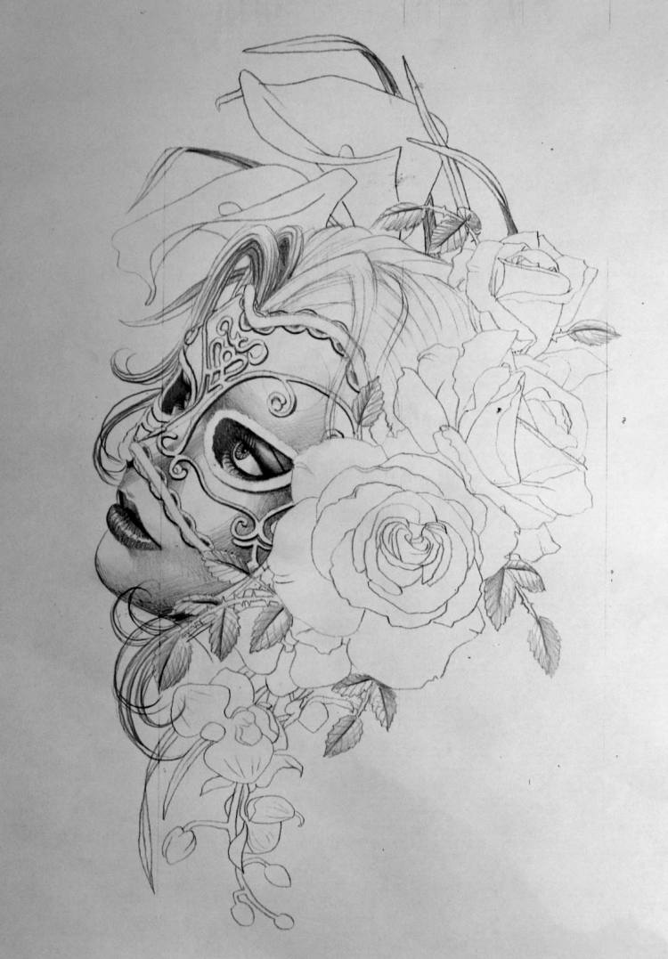 tatuering-mallar-kvinna-mask-hår-rosor-orkidé-blommor