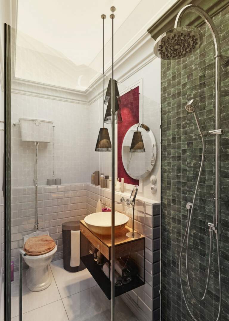 idéer för små badrum mörkgröna nyanser mosaik dusch trä accenter