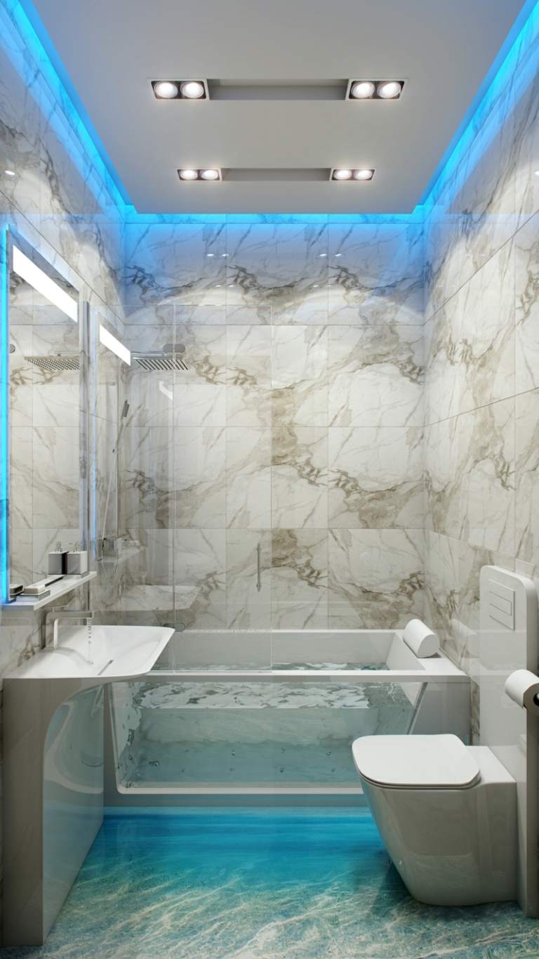 idéer för små badrum belysning ljusblå mosaik vit grå