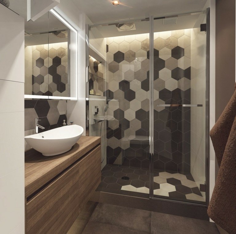 idéer för små badrum moderna bikakemönster kakel hexagon beige svart