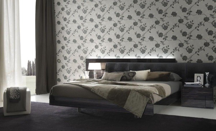 idéer-tapeter-moderna-rum-atmosfär-sovrum-grå-blommig-mönster-ädel-elegant