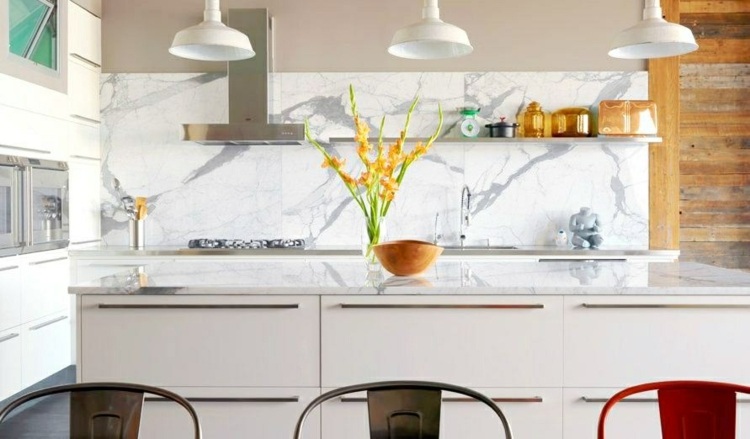 väggpaneler kök marmor ädel hylla blommor lampor vit