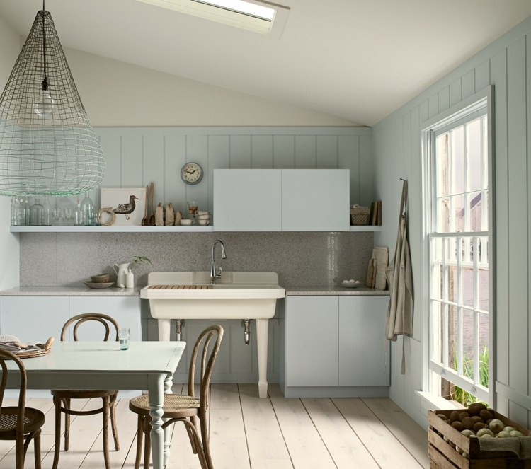 väggpaneler kök marmor grå idé vintage rustik ljusblå