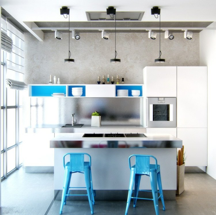 kök väggpaneler stål design blå barstolar vita möbler