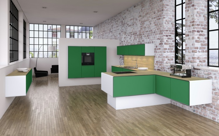 moderna kök grön-vit-tegel-vägg design-loft