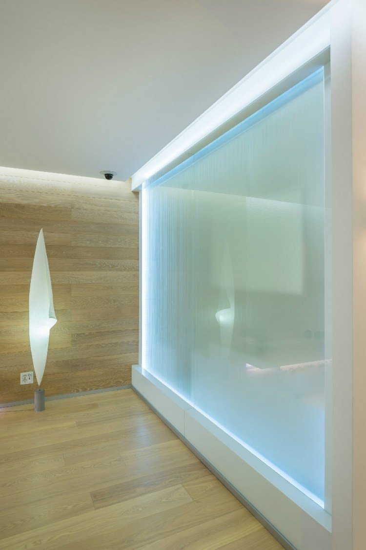 Väggbelysning-idéer-hall-glas-vägg-panel-led-ljus