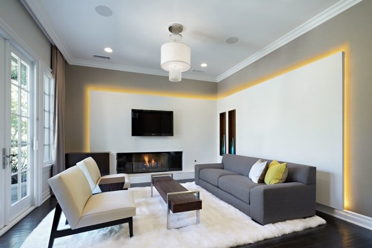 Väggbelysning idéer vardagsrum-indirekt-vägg-panel-grå-vägg-färg