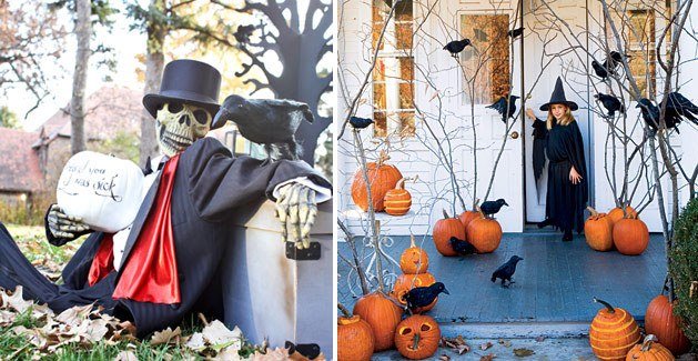 trädgård dekoration halloween idéer svarta korpar skelett