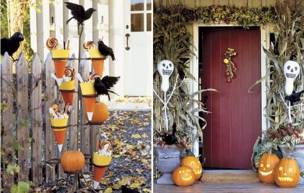 halloween dekoration utanför påsar godis majs lämnar ytterdörren