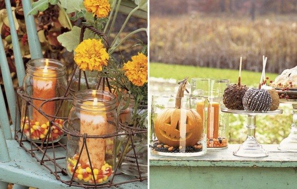 halloween dekoration utanför glas ljusstake majsbönor