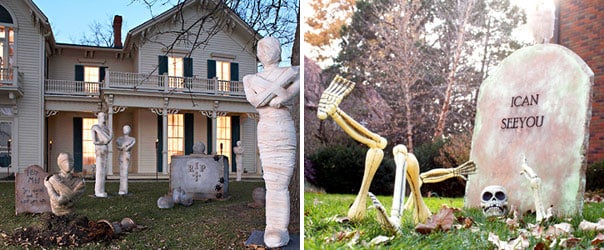 trädgård dekorationer halloween idéer mumier gravsten skelett figur