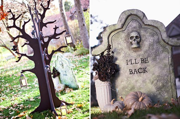 trädgård dekorationer för halloween idéer gravsten skalle trädlyktor