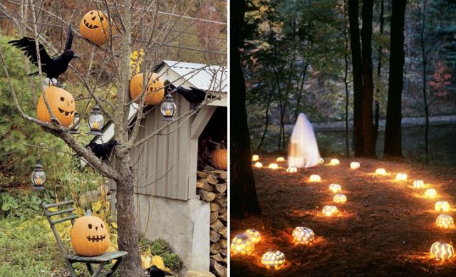 trädgård dekoration halloween idéer sätt belysa pumpor träd