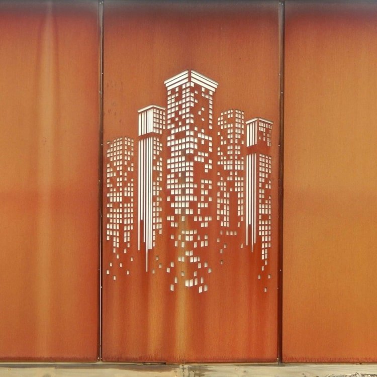 Låt enskilda motiv klippas med en laserkul skyskrapor i en panel