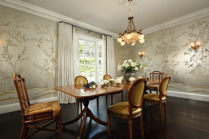 neoklassisk-möbler-matsal-vägg-design-non-woven tapeter-siden-glans-mönstrade