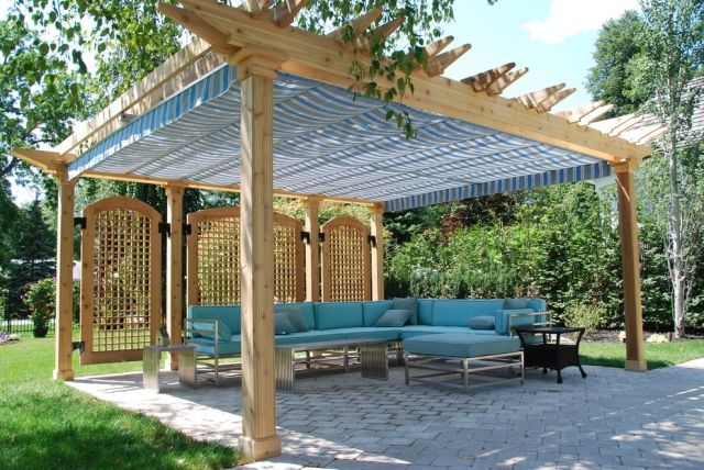 pergola trä sekretess skärm solskydd tyg blå