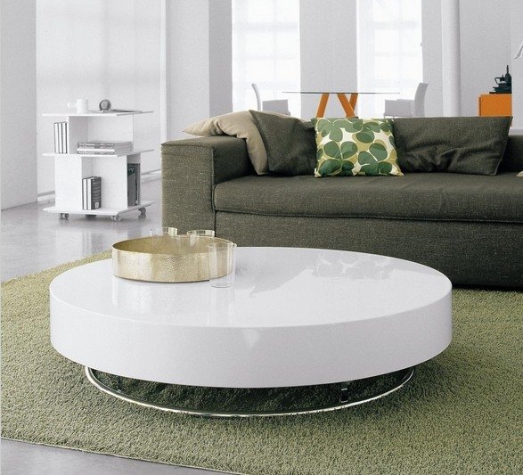 design soffbord runt högglans vit olivgrön soffa