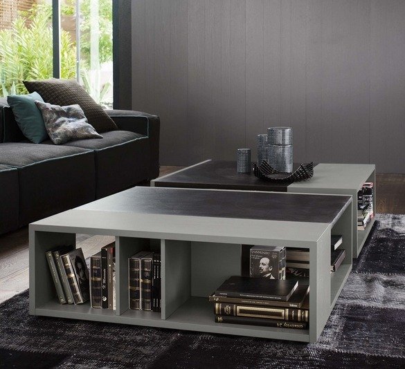 design soffbord förvaringsutrymme träböcker hyllor grå