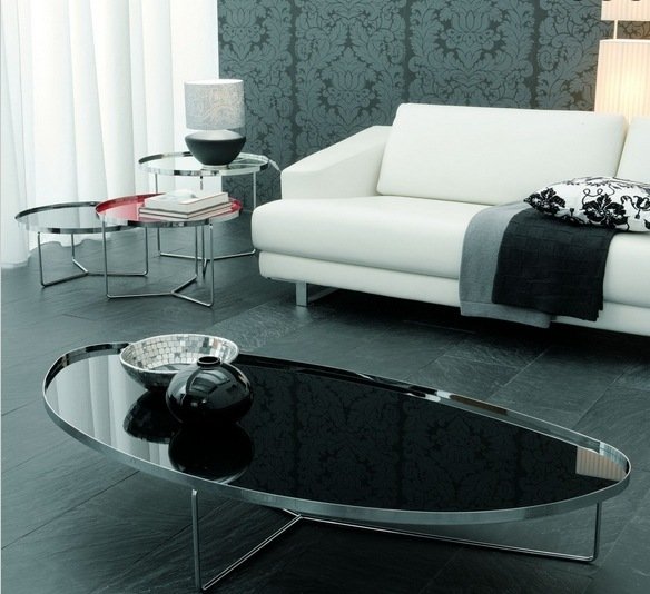 design soffbord ovala runda metall högglansiga golvplattor stenlook