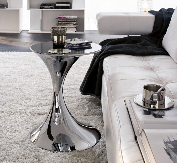 design soffbord sidobord blank metall vit soffa i skinn