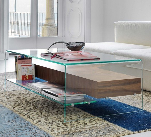 soffbord glas hyllor tidningar trä modernt vardagsrum