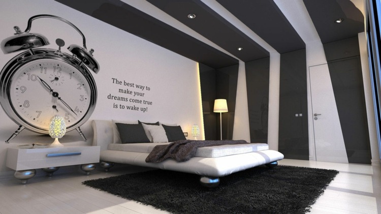 färger väggidéer moderna sovrum-fototapeter-svart-vit-schaggy-matta-golvlampa-citat