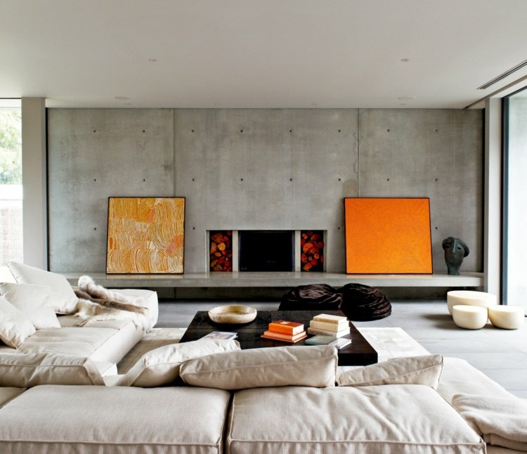 Färger väggar idéer modern exponerad betong-soffa-grädde-väggmålning-öppen spis