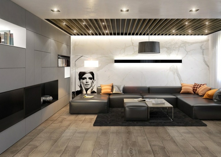 Färger väggar idéer elegant marmor-optik-lädersoffa-svart-infälld ljus-tak design-kuddar-orange-Kopia