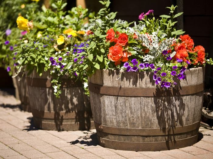 fat trädgård blomkruka idéer hink röd gul lila blommor
