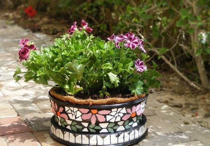 mosaik blomkruka DIY fälg bil hjul praktisk dekoration